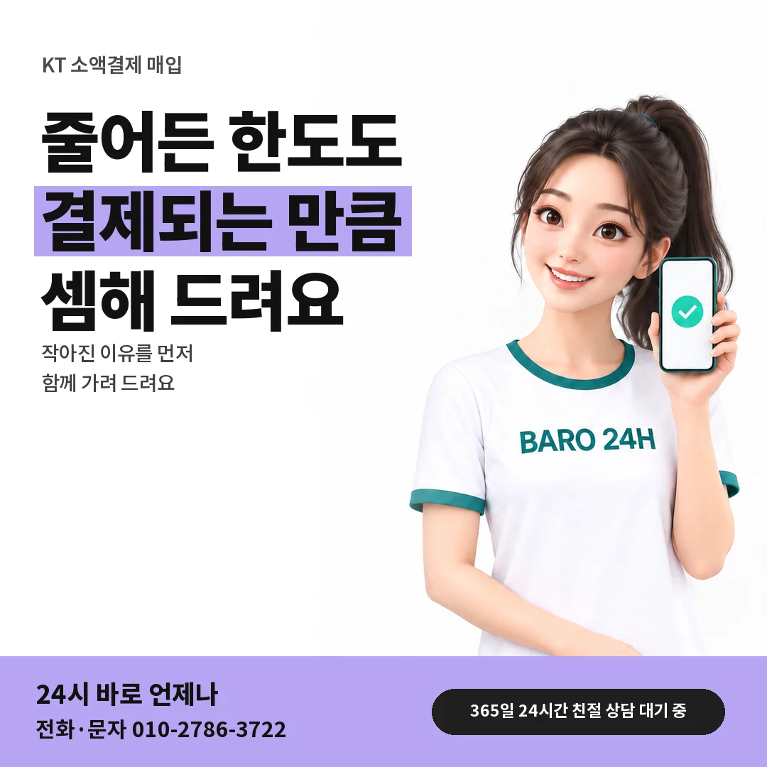 BARO 24H 티셔츠를 입은 3D 인물 옆에 「KT 줄어든 한도 살피기」 제목을 얹은 안내 카드