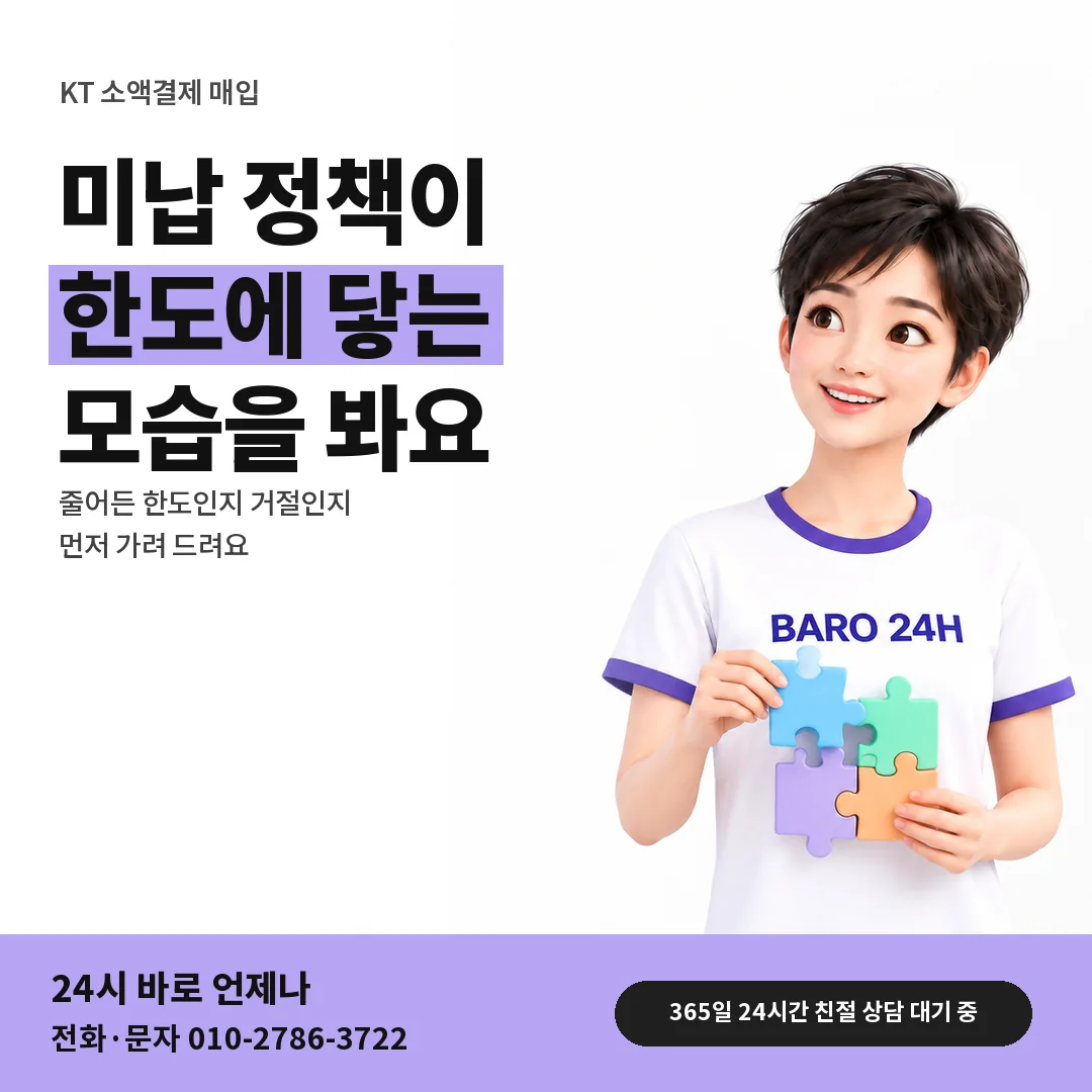BARO 24H 티셔츠를 입은 3D 인물 옆에 「KT 미납 정책 알아보기」 제목을 얹은 안내 카드